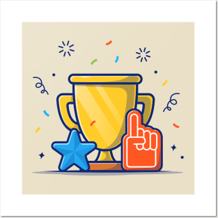 Gold Trophy, Finger Pointing And Star With Confetti Cartoon Posters and Art